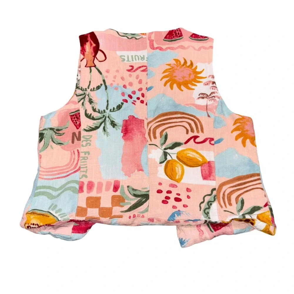 Tropical Summer Linen Blend Tie Front Vest Womens M Pink Paper Heart